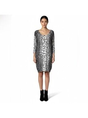 REISS Cotton Blend Black & White Animal Print Sweater Dress 3/4 Sleeves US Sz XS